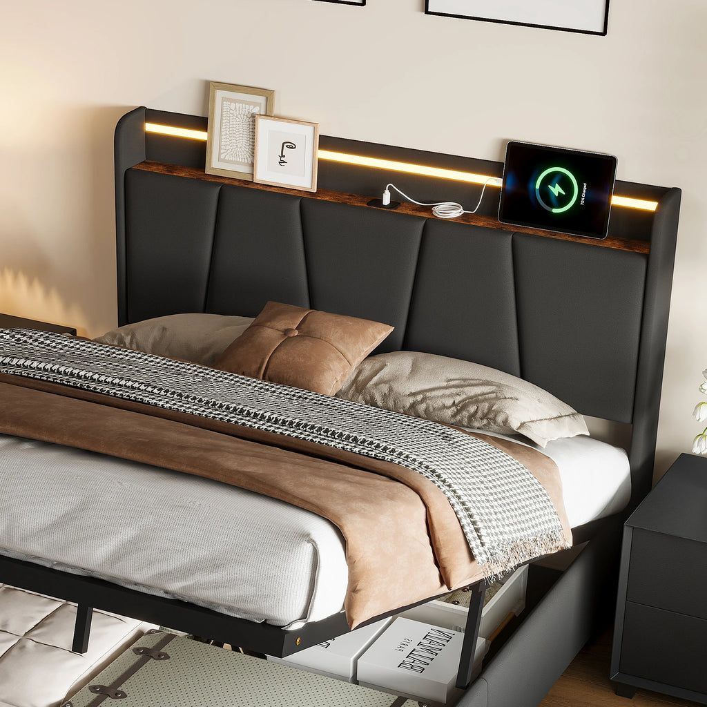 Urban Luxe bed 140x190 cm with 2 drawers, LED light bar and USB charging port, bed with storage, linen, dark gray