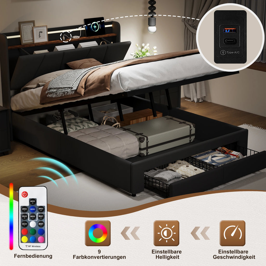 Urban Luxe bed 140x190 cm with 2 drawers, LED light bar and USB charging port, bed with storage, linen, dark gray