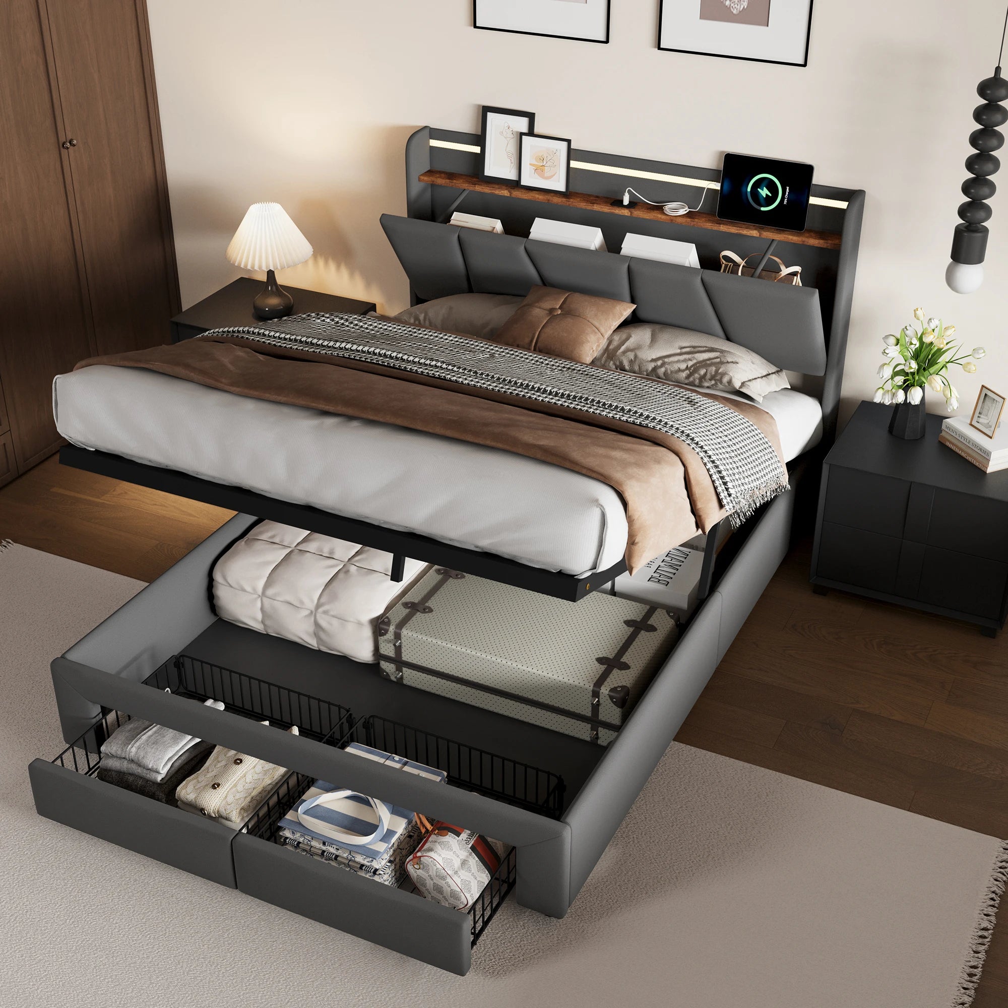 Urban Luxe bed 140x190 cm with 2 drawers, LED light bar and USB charging port, bed with storage, linen, dark gray