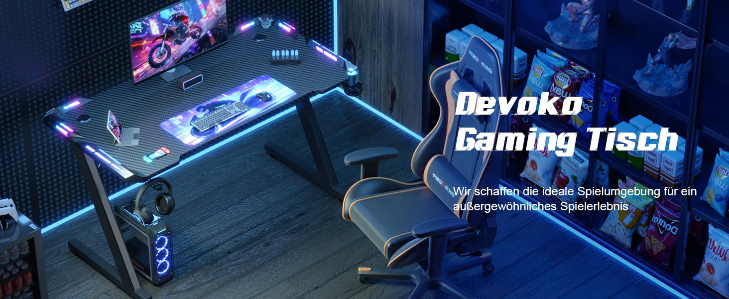 Devoko Gaming Table 120x60 cm Gaming desk PC table with headphones hook and carbon fiber coating