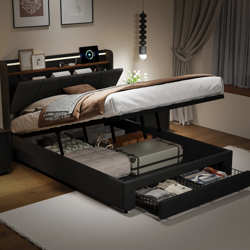 Urban Luxe bed 140x190 cm with 2 drawers, LED light bar and USB charging port, bed with storage, linen, dark gray