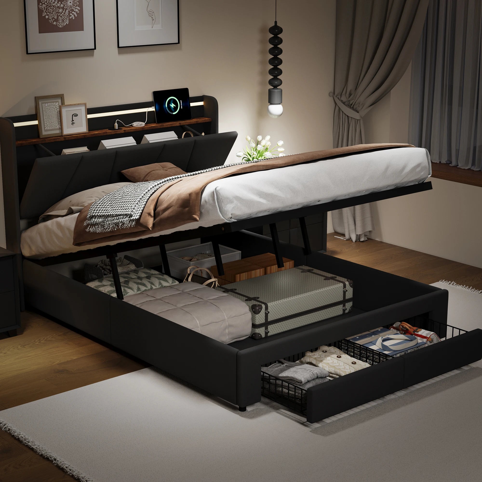 Urban Luxe bed 140x190 cm with 2 drawers, LED light bar and USB charging port, bed with storage, linen, dark gray