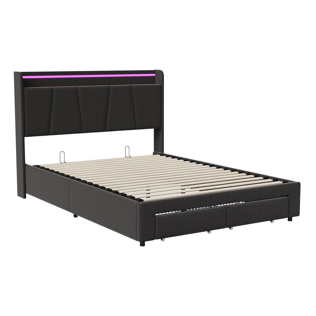 Urban Luxe bed 140x190 cm with 2 drawers, LED light bar and USB charging port, bed with storage, linen, dark gray