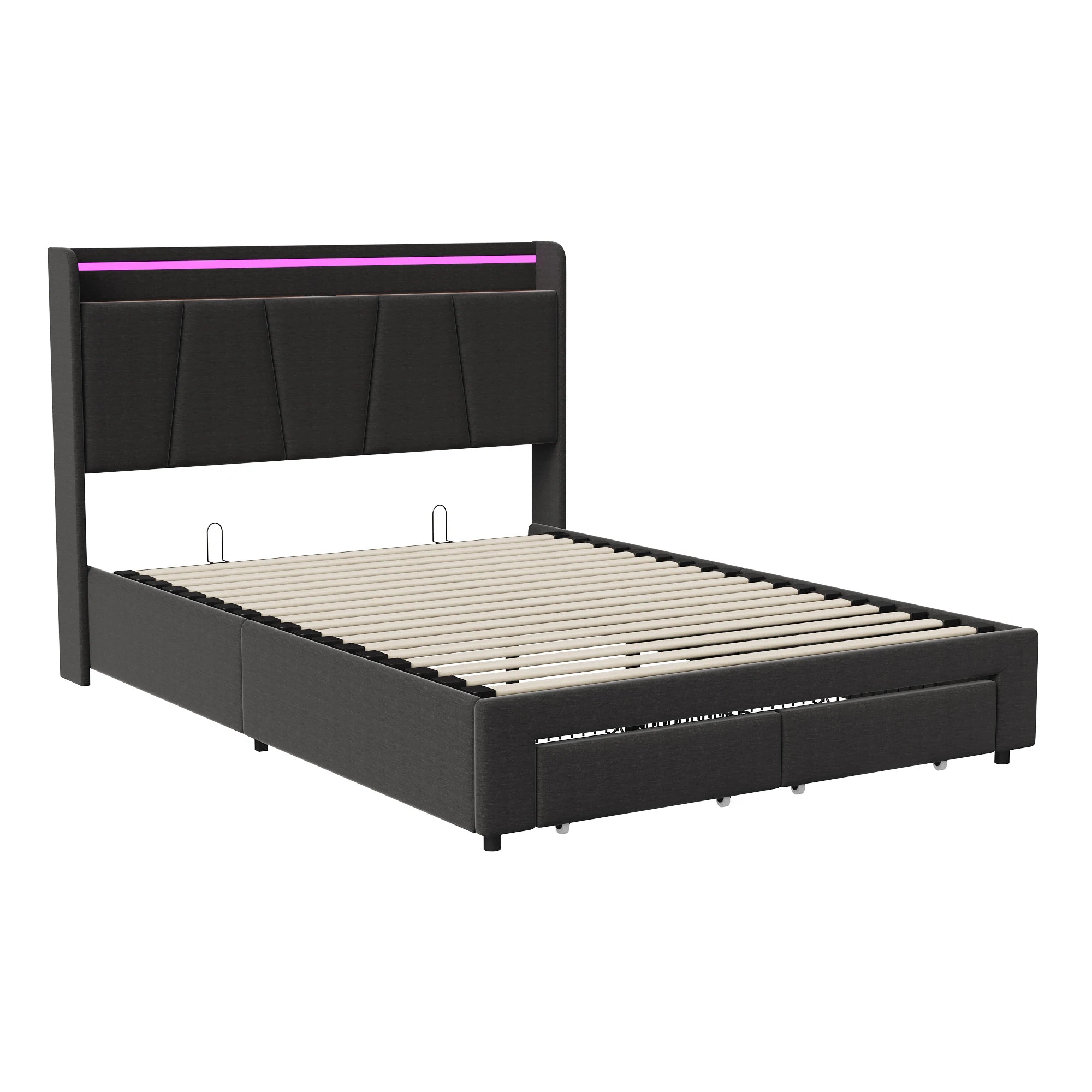 Urban Luxe bed 140x190 cm with 2 drawers, LED light bar and USB charging port, bed with storage, linen, dark gray