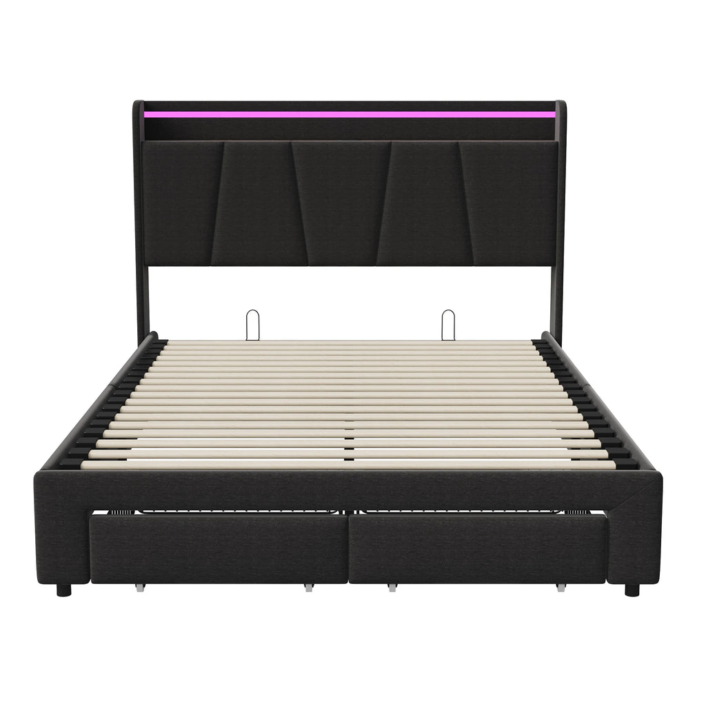 Urban Luxe bed 140x190 cm with 2 drawers, LED light bar and USB charging port, bed with storage, linen, dark gray