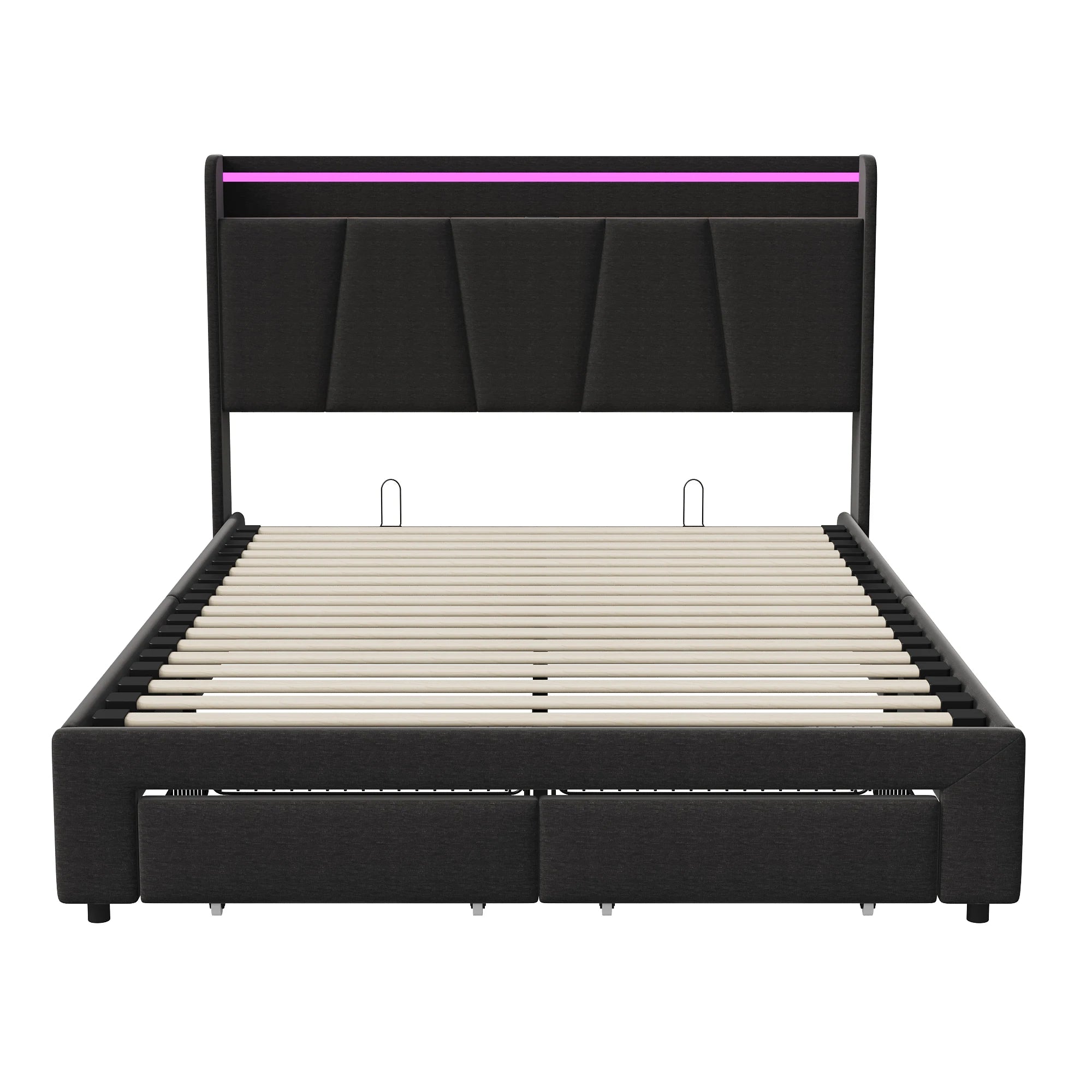 Urban Luxe bed 140x190 cm with 2 drawers, LED light bar and USB charging port, bed with storage, linen, dark gray
