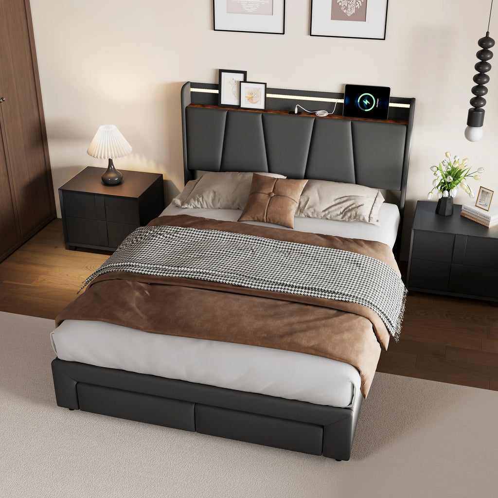 Urban Luxe bed 140x190 cm with 2 drawers, LED light bar and USB charging port, bed with storage, linen, dark gray