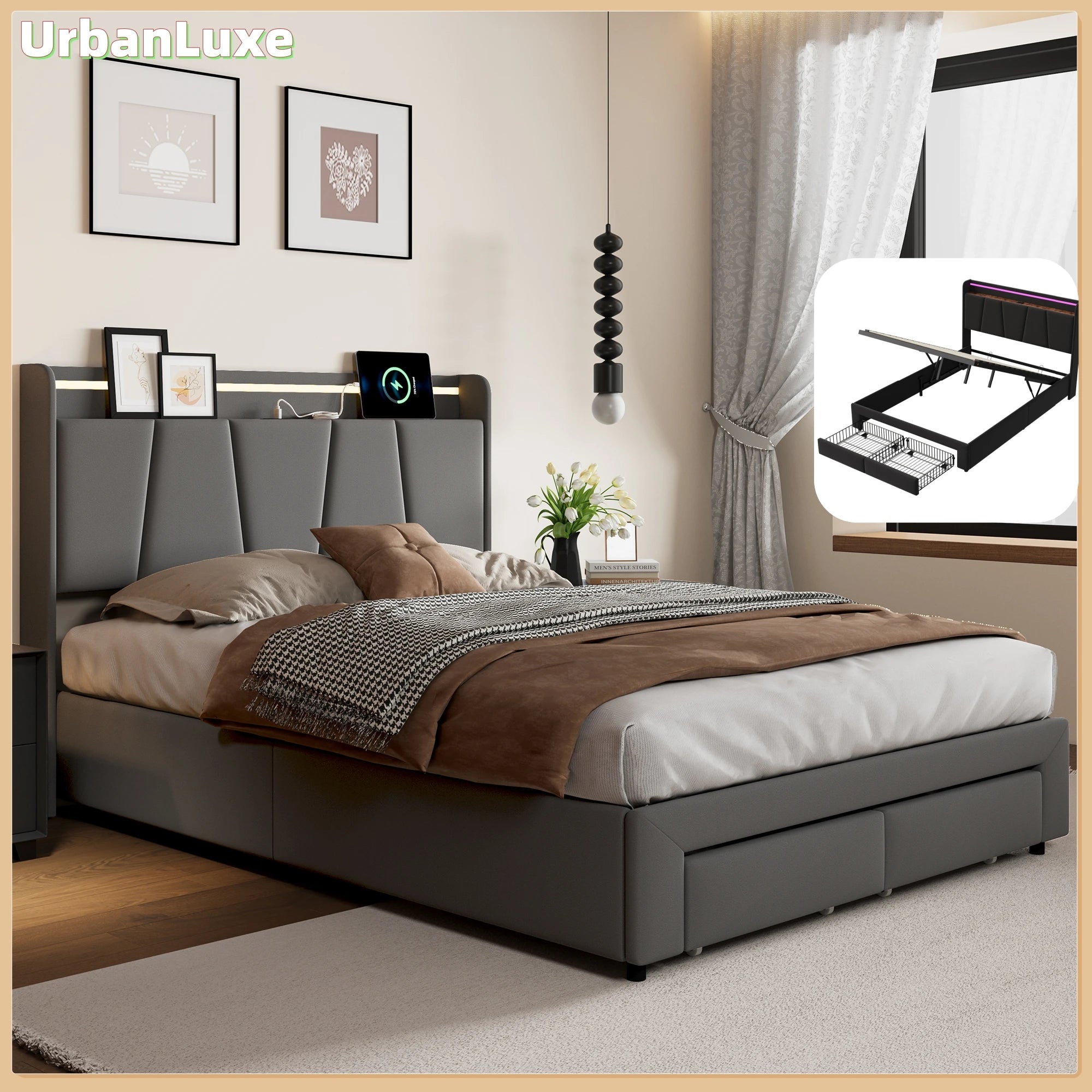 Urban Luxe bed 140x190 cm with 2 drawers, LED light bar and USB charging port, bed with storage, linen, dark gray