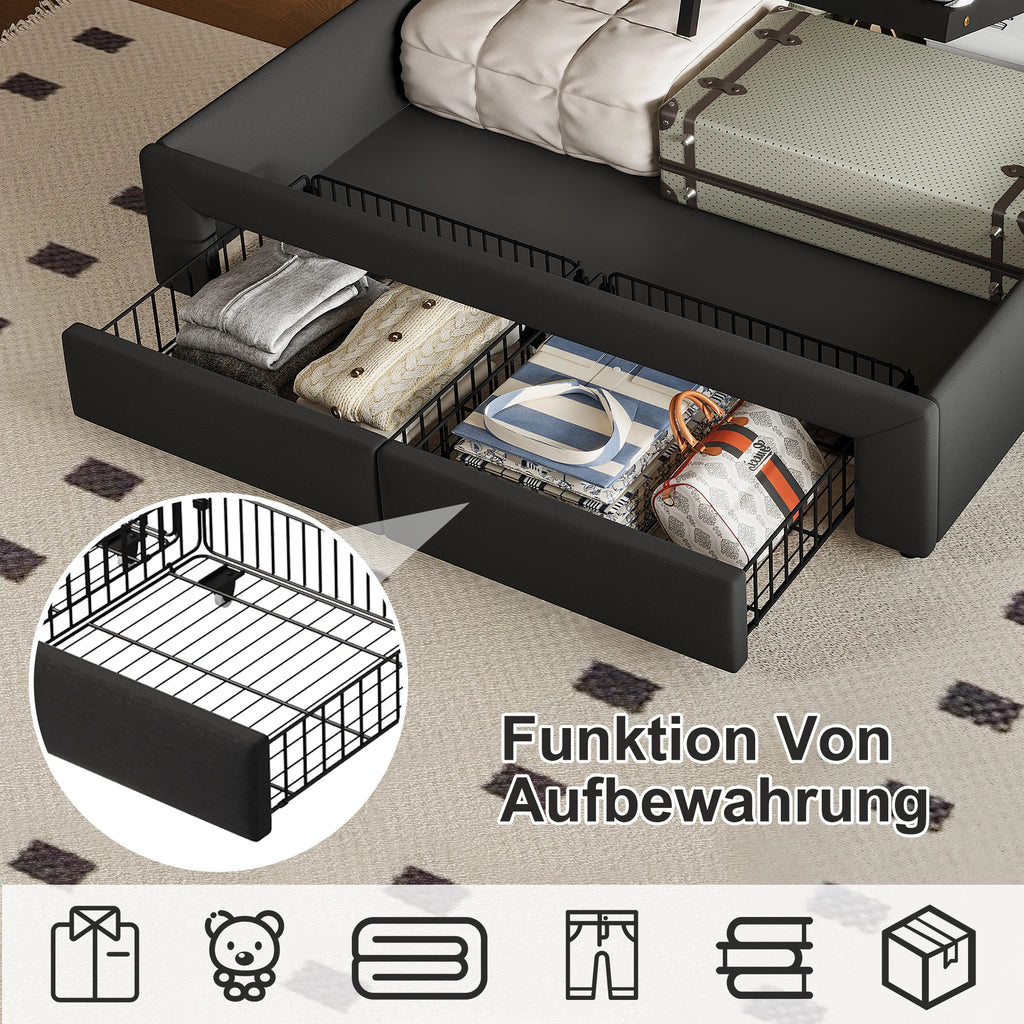 Urban Luxe bed 140x190 cm with 2 drawers, LED light bar and USB charging port, bed with storage, linen, dark gray