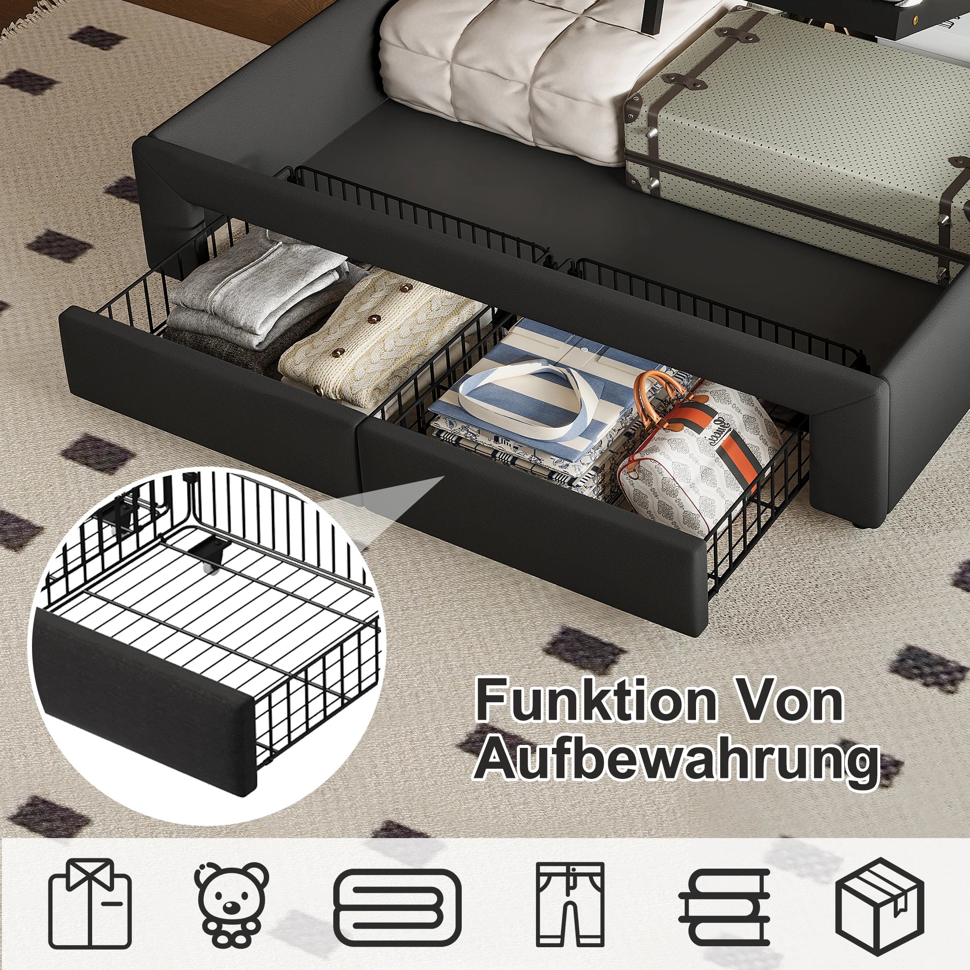 Urban Luxe bed 140x190 cm with 2 drawers, LED light bar and USB charging port, bed with storage, linen, dark gray
