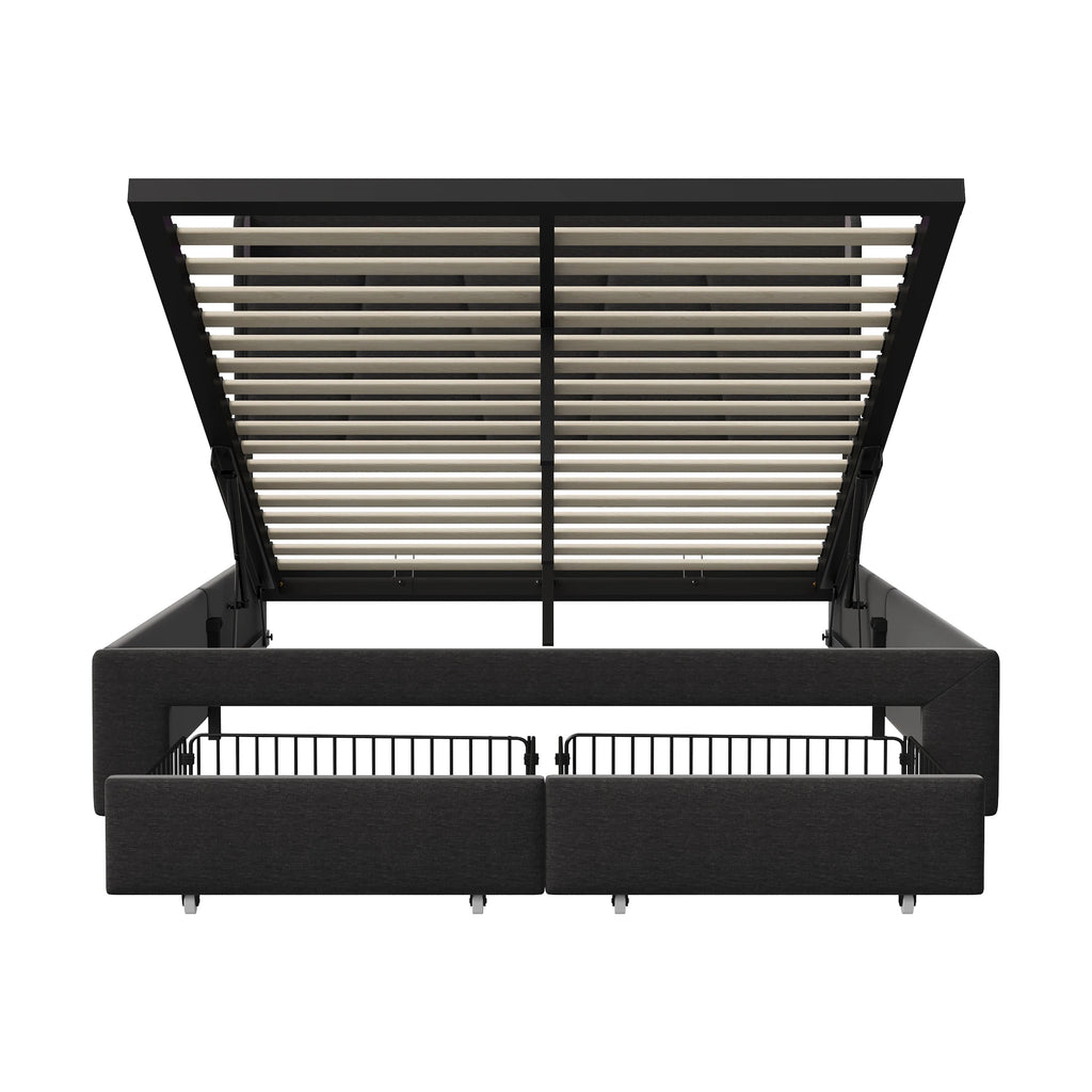Urban Luxe bed 140x190 cm with 2 drawers, LED light bar and USB charging port, bed with storage, linen, dark gray