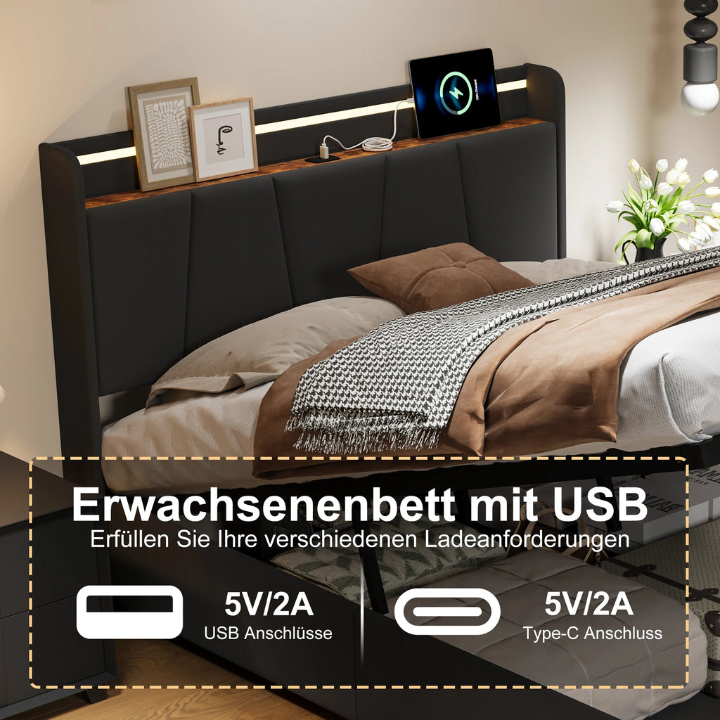 Urban Luxe bed 140x190 cm with 2 drawers, LED light bar and USB charging port, bed with storage, linen, dark gray