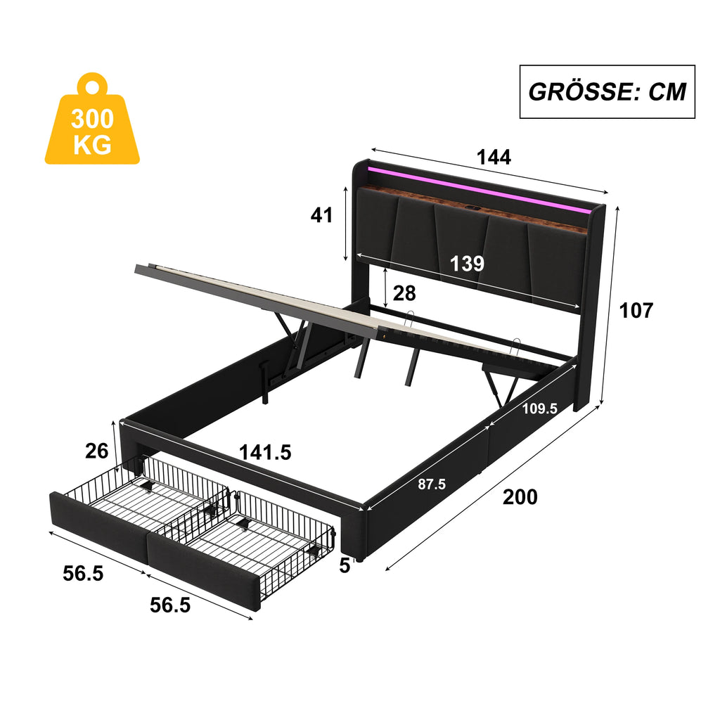Urban Luxe bed 140x190 cm with 2 drawers, LED light bar and USB charging port, bed with storage, linen, dark gray