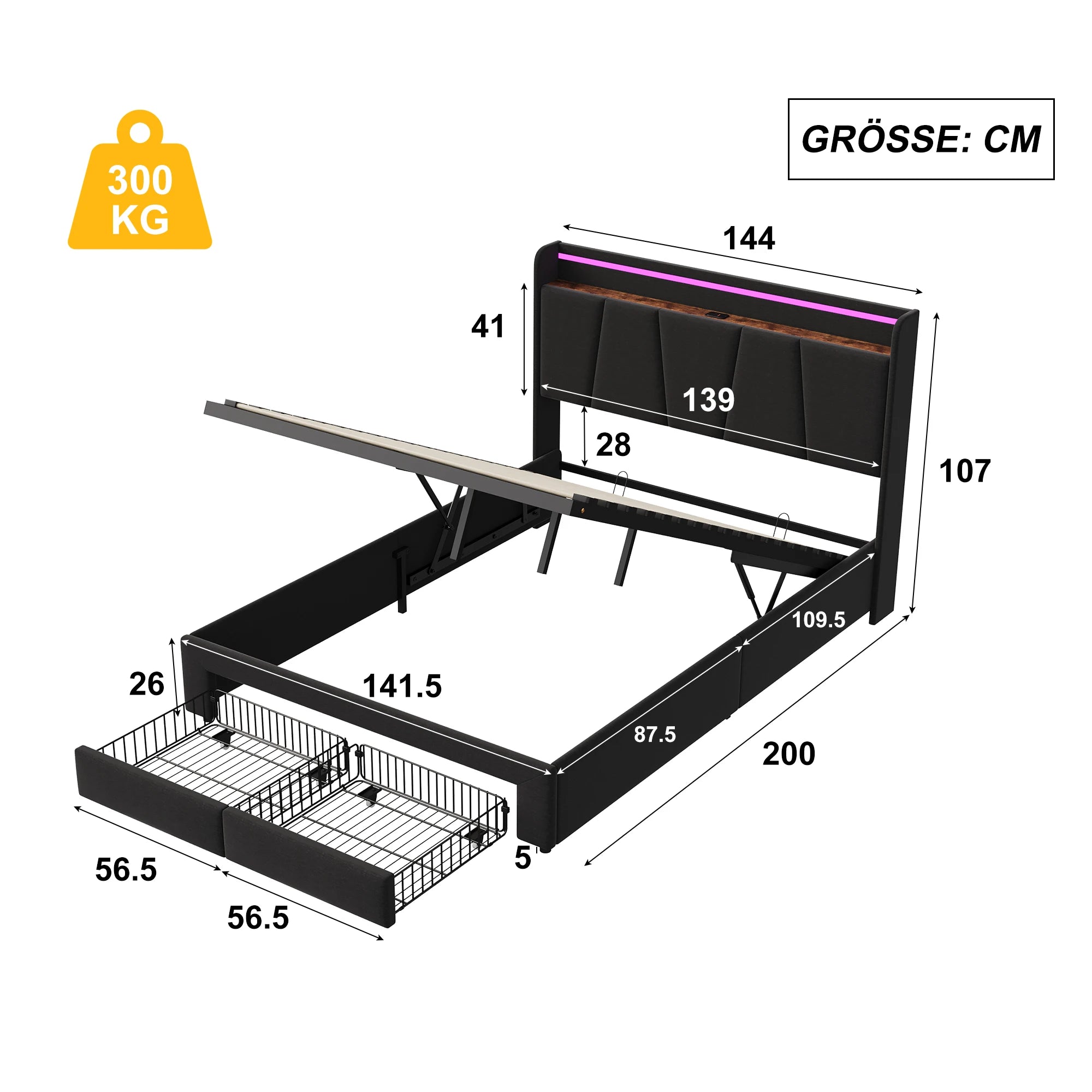 Urban Luxe bed 140x190 cm with 2 drawers, LED light bar and USB charging port, bed with storage, linen, dark gray