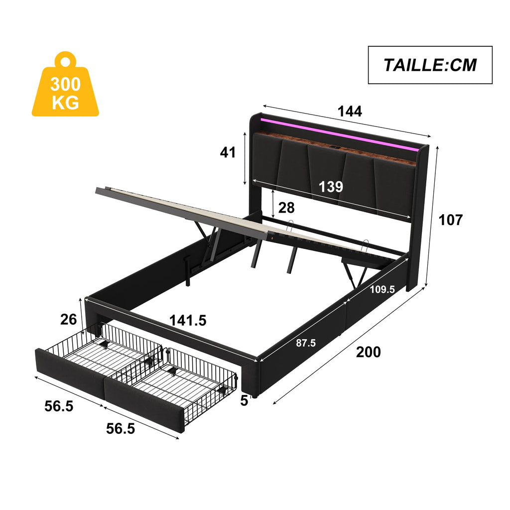 Urban Luxe bed 140x190 cm with 2 drawers, LED light bar and USB charging port, bed with storage, linen, dark gray