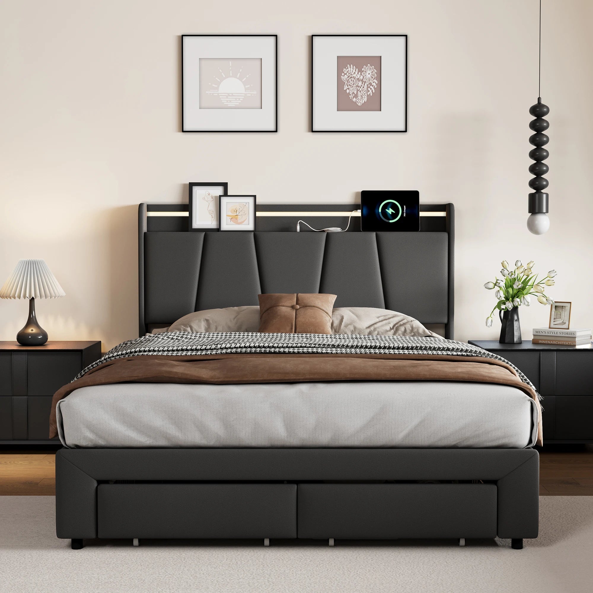 Urban Luxe bed 140x190 cm with 2 drawers, LED light bar and USB charging port, bed with storage, linen, dark gray