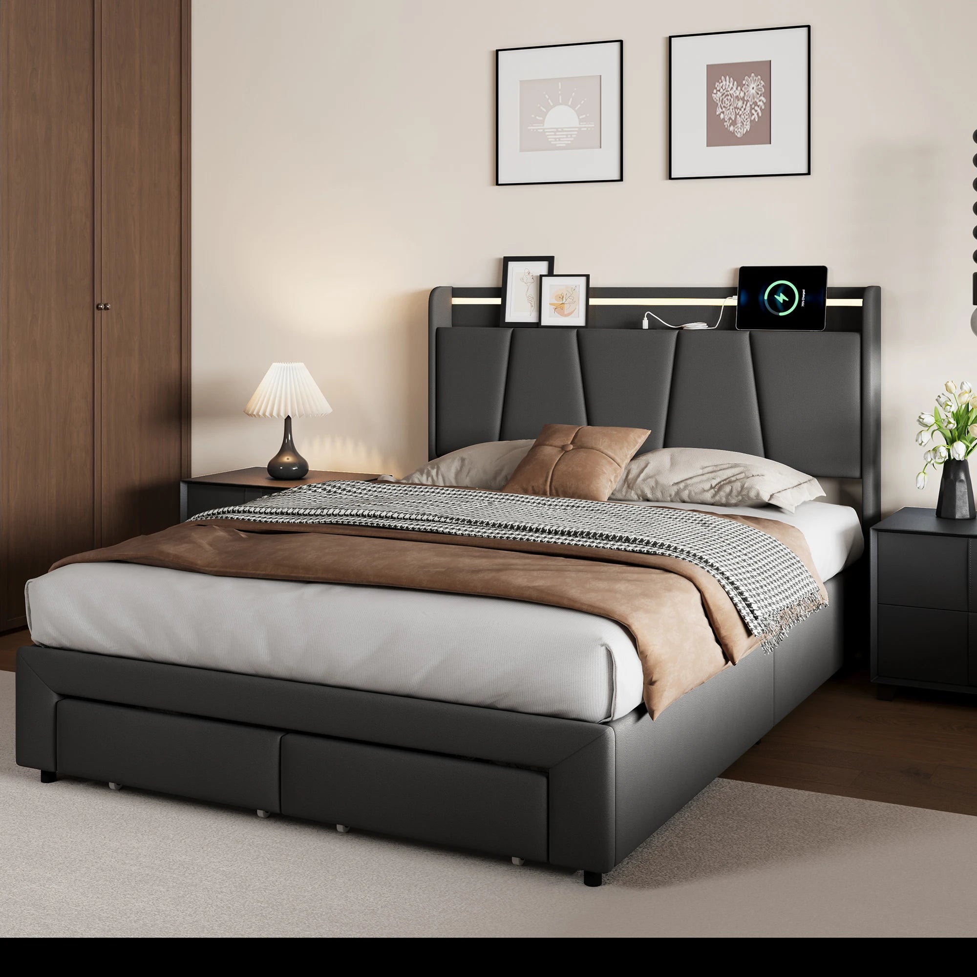 Urban Luxe bed 140x190 cm with 2 drawers, LED light bar and USB charging port, bed with storage, linen, dark gray