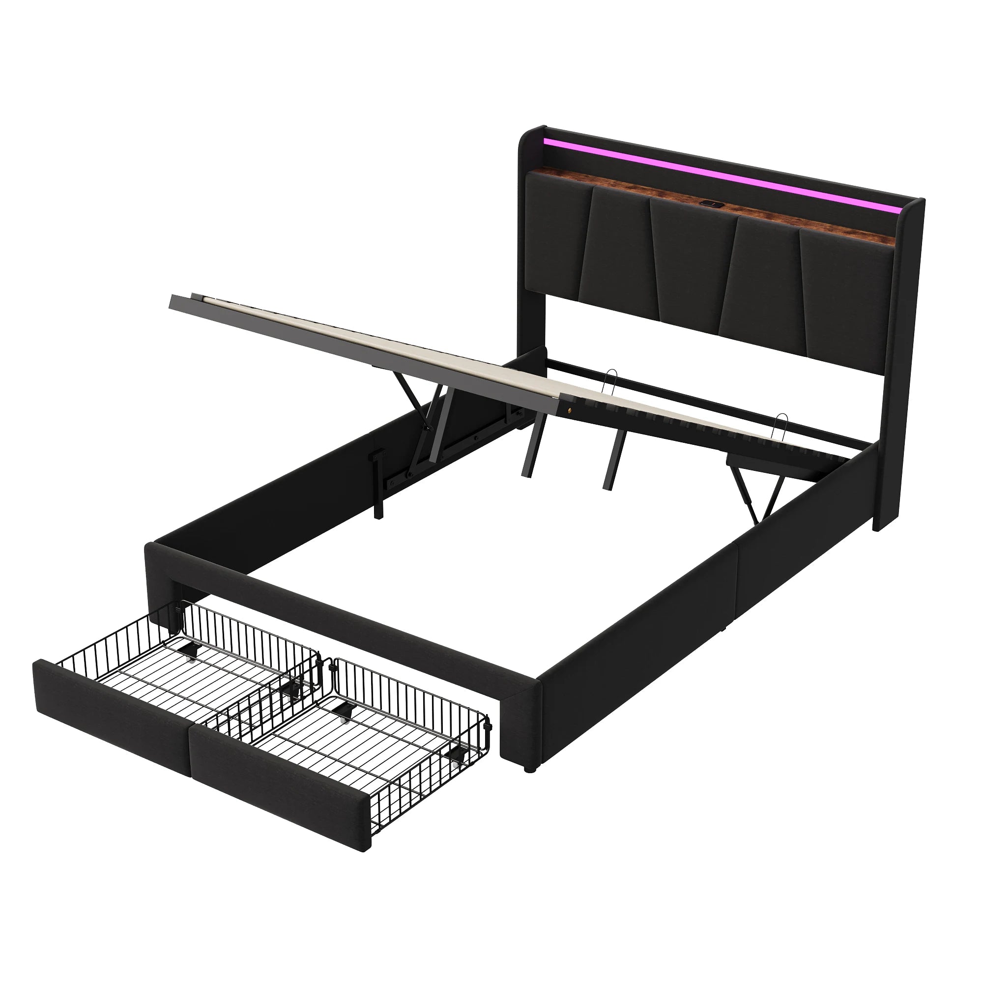 Urban Luxe bed 140x190 cm with 2 drawers, LED light bar and USB charging port, bed with storage, linen, dark gray