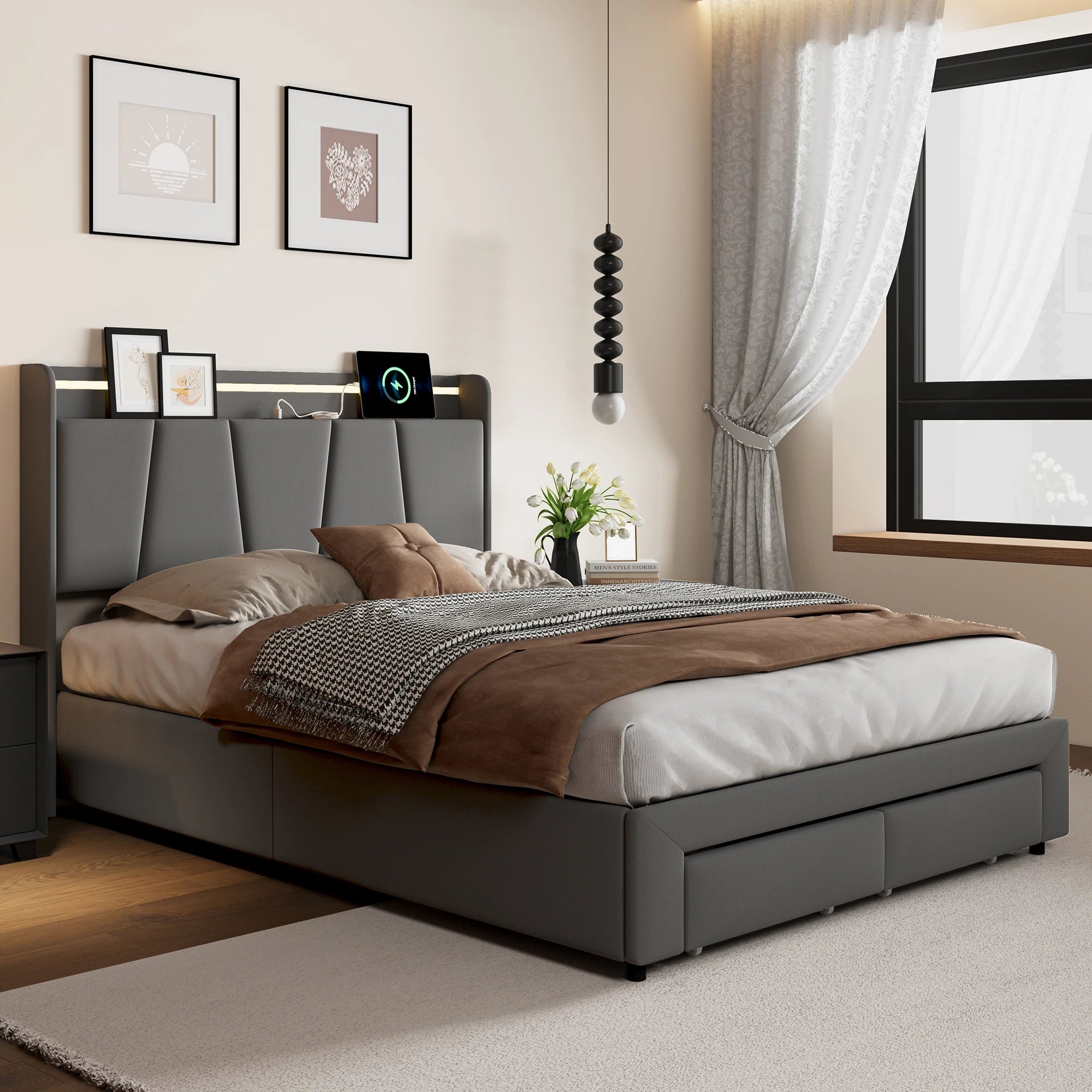 Urban Luxe bed 140x190 cm with 2 drawers, LED light bar and USB charging port, bed with storage, linen, dark gray
