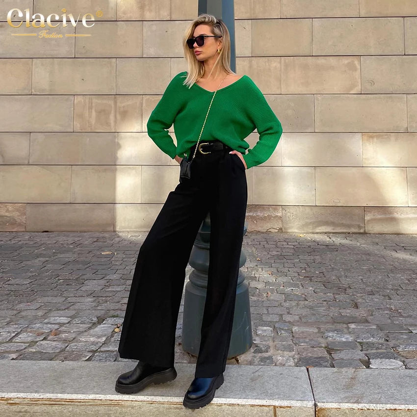 Clacive Blue Office Women'S Pants 2021 Fashion Loose Full Length Ladies Trousers Casual High Waist Wide Pants For Women
