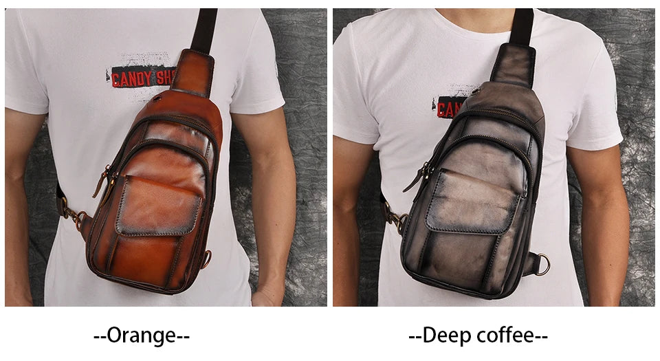Men Quality Cow Leather Casual Fashion Triangle Crossbody Chest Sling Bag Design Travel One Shoulder Bag Daypack Male 8013