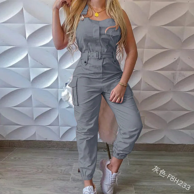 Women's Summer Loose Jumpsuit with Halter Collar Casual Workout Playsuits with Solid Pockets Cargo Pants and Long Rompers