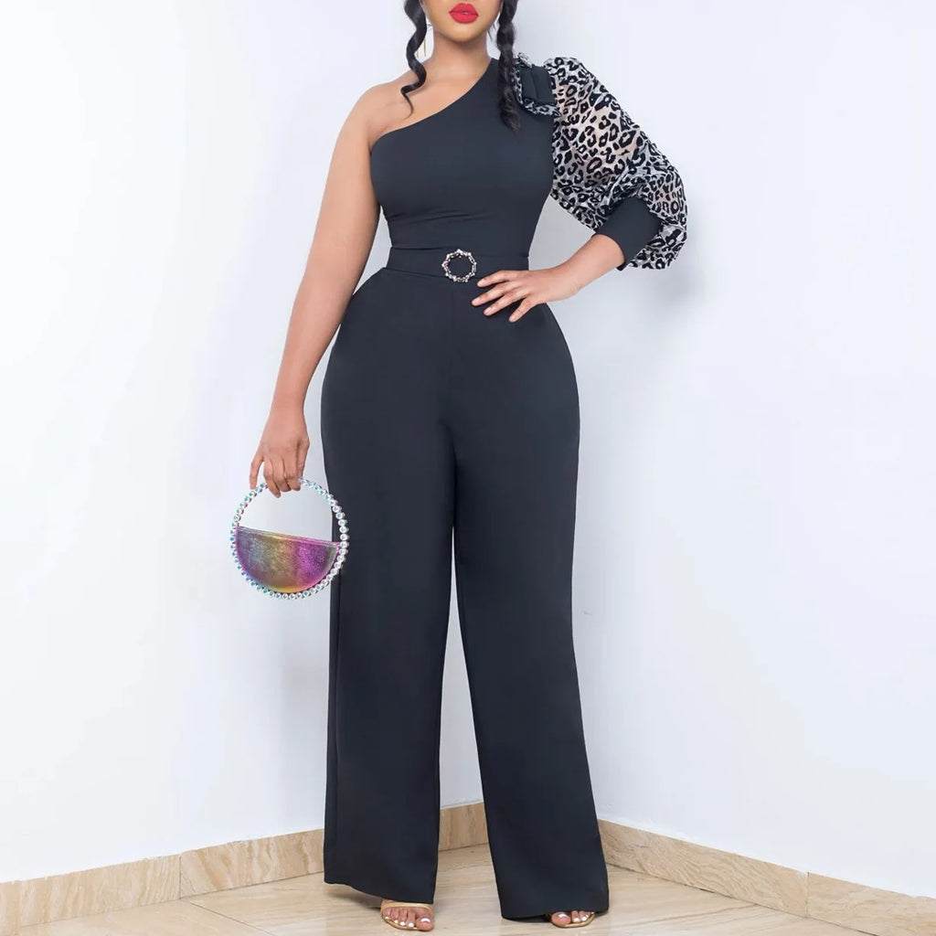 3xl  2xl Latest Design Jumpsuit Women Diagonal Shoulder Single Sleeve Sexy High Waist Wide Leg Jumpsuit for Women With Belt