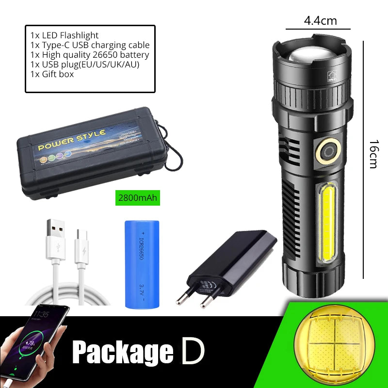 POCKETMAN XHP70 LED Flashlight USB Rechargeable Flashlights Zoomable Torch Waterproof Torch with COB Side Light