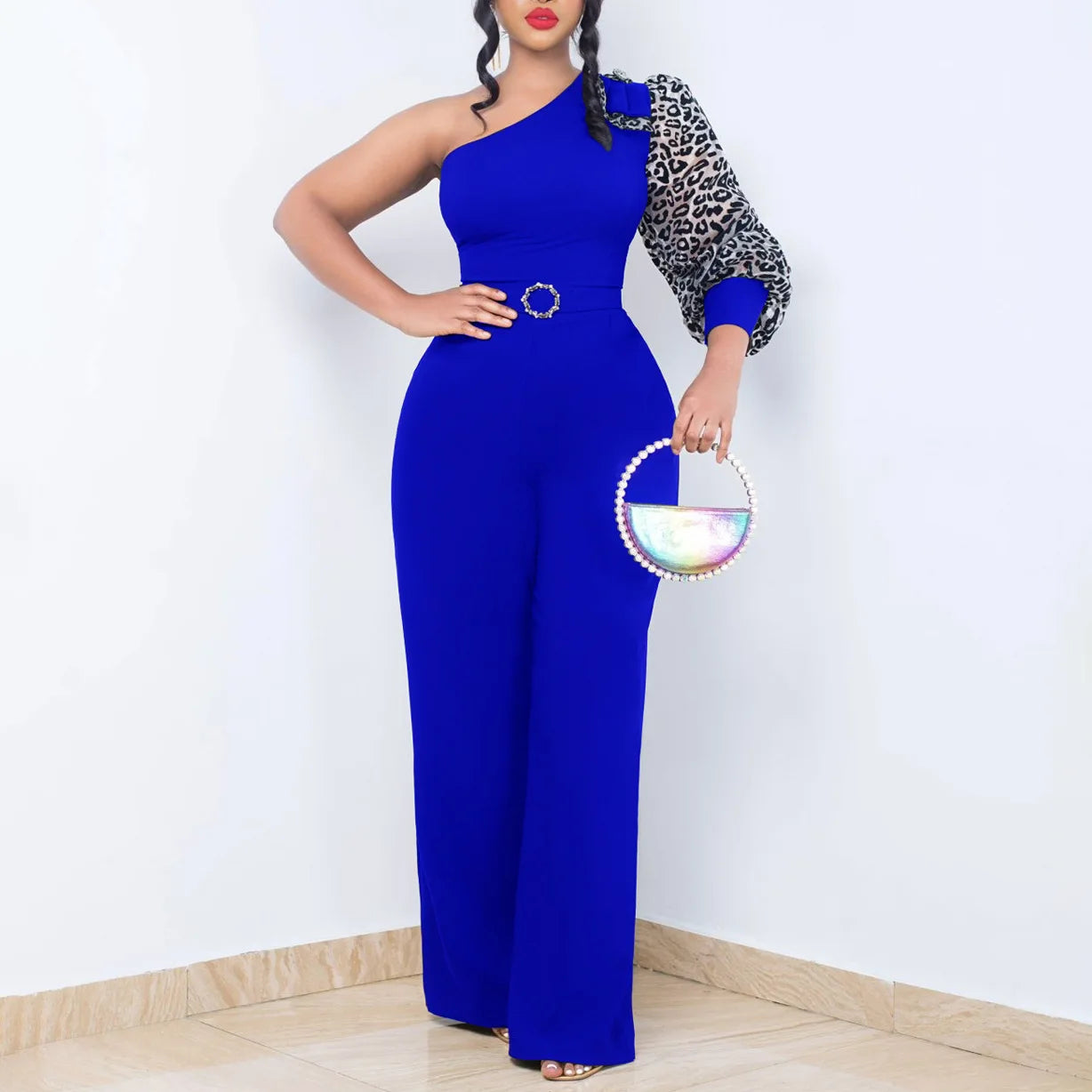3xl  2xl Latest Design Jumpsuit Women Diagonal Shoulder Single Sleeve Sexy High Waist Wide Leg Jumpsuit for Women With Belt