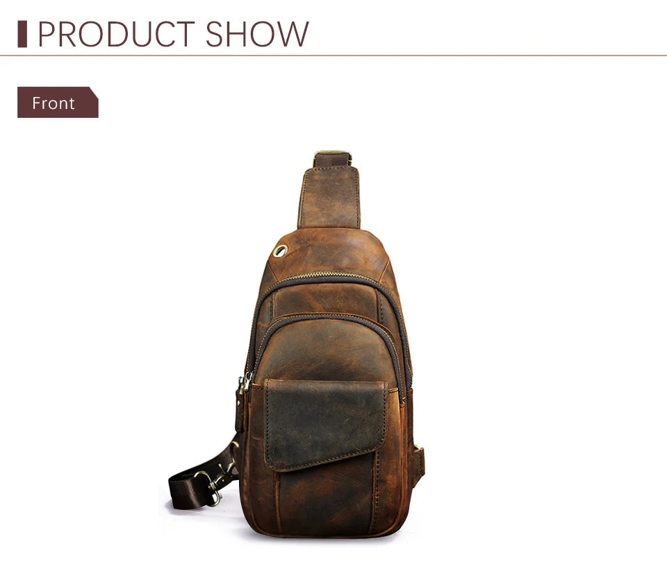 Men Quality Cow Leather Casual Fashion Triangle Crossbody Chest Sling Bag Design Travel One Shoulder Bag Daypack Male 8013