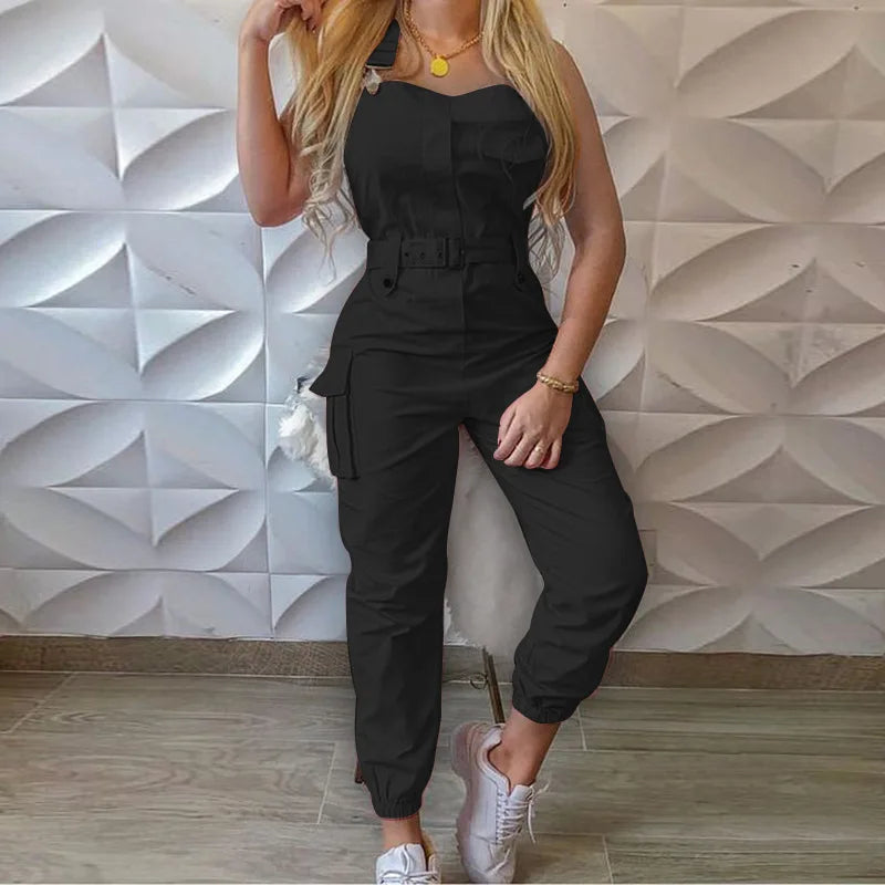 Women's Summer Loose Jumpsuit with Halter Collar Casual Workout Playsuits with Solid Pockets Cargo Pants and Long Rompers