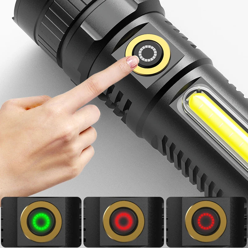 POCKETMAN XHP70 LED Flashlight USB Rechargeable Flashlights Zoomable Torch Waterproof Torch with COB Side Light