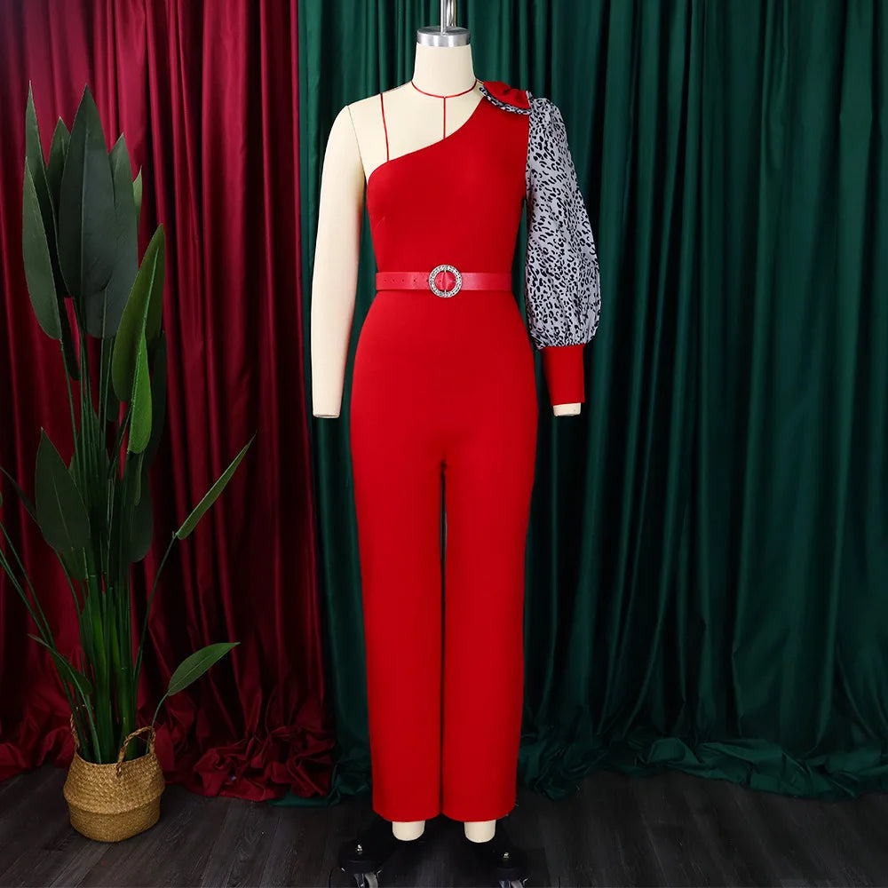 3xl  2xl Latest Design Jumpsuit Women Diagonal Shoulder Single Sleeve Sexy High Waist Wide Leg Jumpsuit for Women With Belt