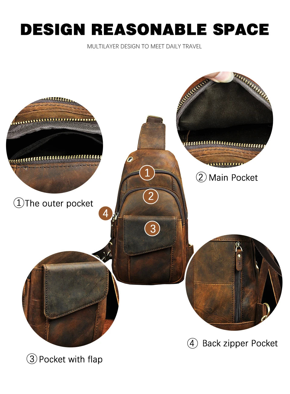 Men Quality Cow Leather Casual Fashion Triangle Crossbody Chest Sling Bag Design Travel One Shoulder Bag Daypack Male 8013