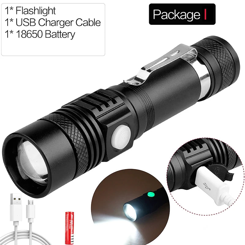 POCKETMAN XHP70 LED Flashlight USB Rechargeable Flashlights Zoomable Torch Waterproof Torch with COB Side Light