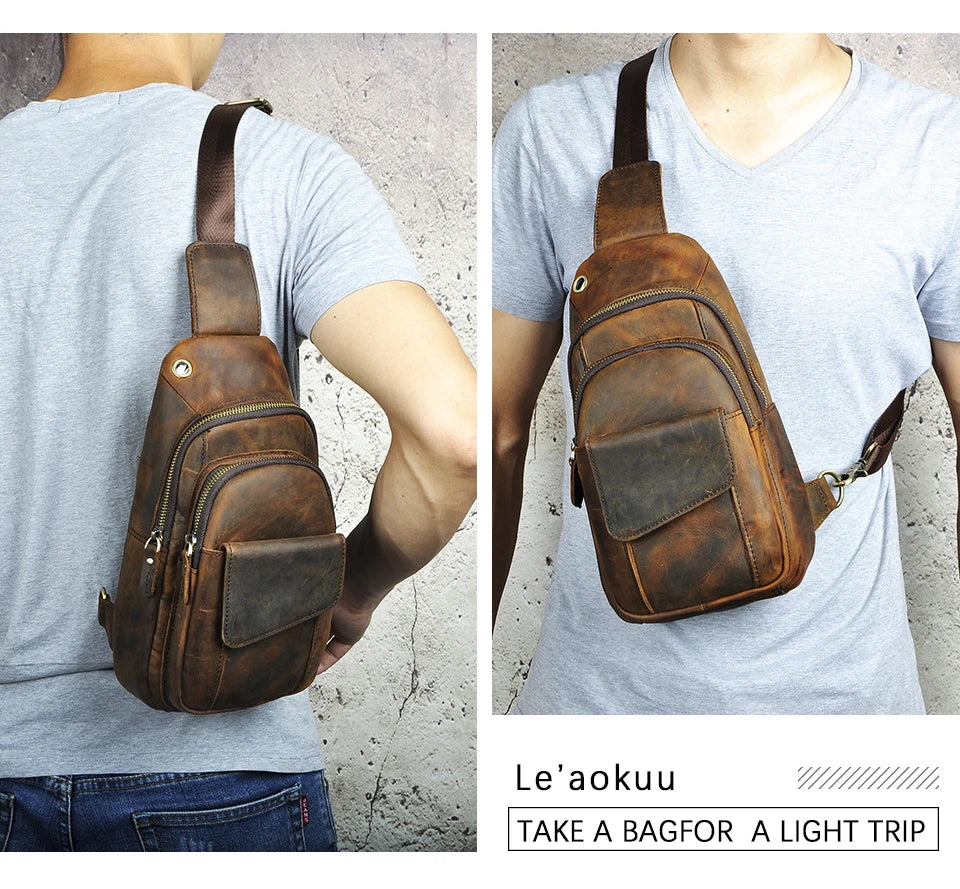Men Quality Cow Leather Casual Fashion Triangle Crossbody Chest Sling Bag Design Travel One Shoulder Bag Daypack Male 8013