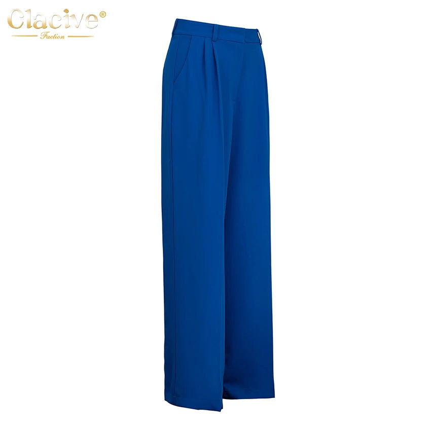 Clacive Blue Office Women'S Pants 2021 Fashion Loose Full Length Ladies Trousers Casual High Waist Wide Pants For Women