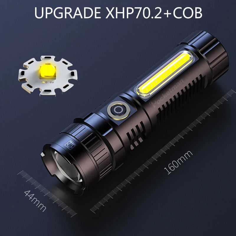 POCKETMAN XHP70 LED Flashlight USB Rechargeable Flashlights Zoomable Torch Waterproof Torch with COB Side Light