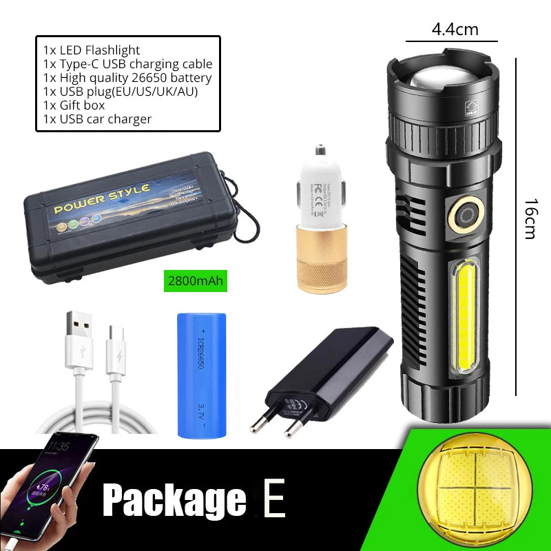 POCKETMAN XHP70 LED Flashlight USB Rechargeable Flashlights Zoomable Torch Waterproof Torch with COB Side Light
