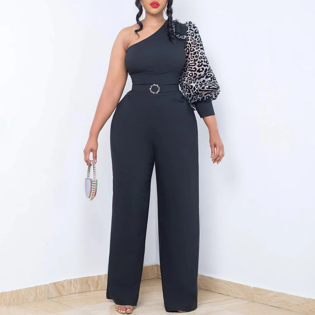 3xl  2xl Latest Design Jumpsuit Women Diagonal Shoulder Single Sleeve Sexy High Waist Wide Leg Jumpsuit for Women With Belt