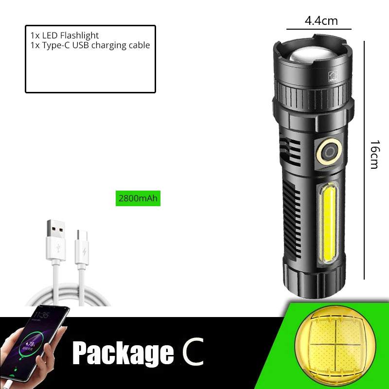 POCKETMAN XHP70 LED Flashlight USB Rechargeable Flashlights Zoomable Torch Waterproof Torch with COB Side Light