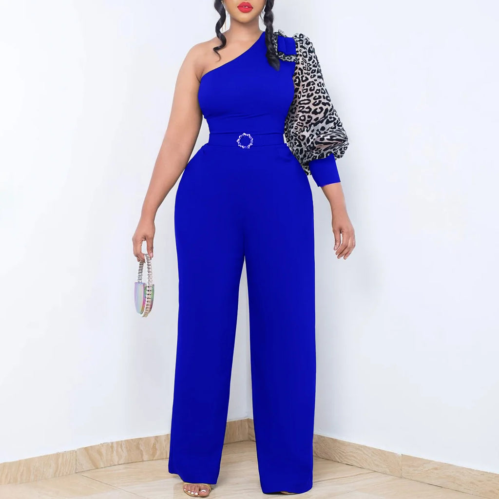3xl  2xl Latest Design Jumpsuit Women Diagonal Shoulder Single Sleeve Sexy High Waist Wide Leg Jumpsuit for Women With Belt