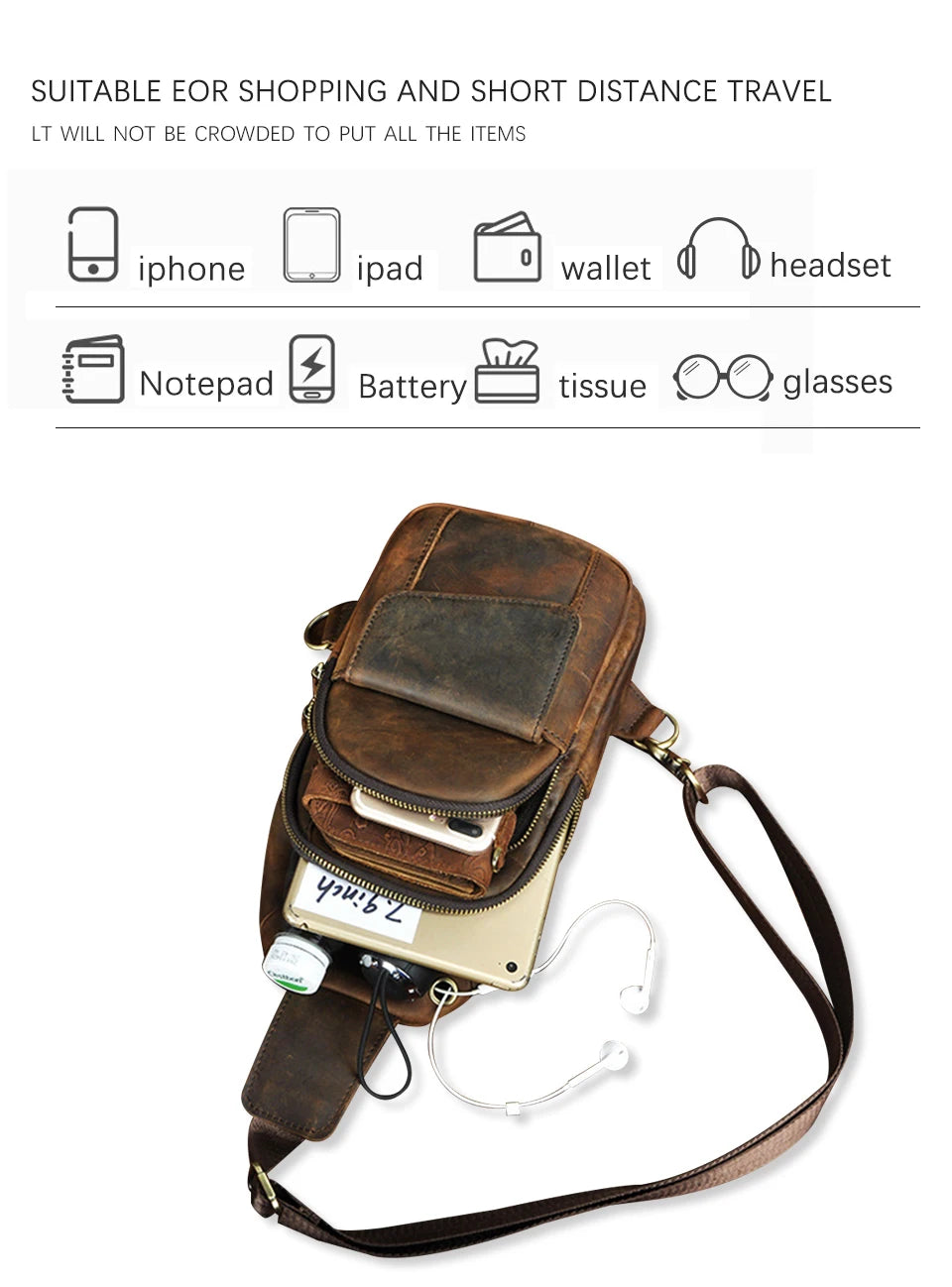 Men Quality Cow Leather Casual Fashion Triangle Crossbody Chest Sling Bag Design Travel One Shoulder Bag Daypack Male 8013