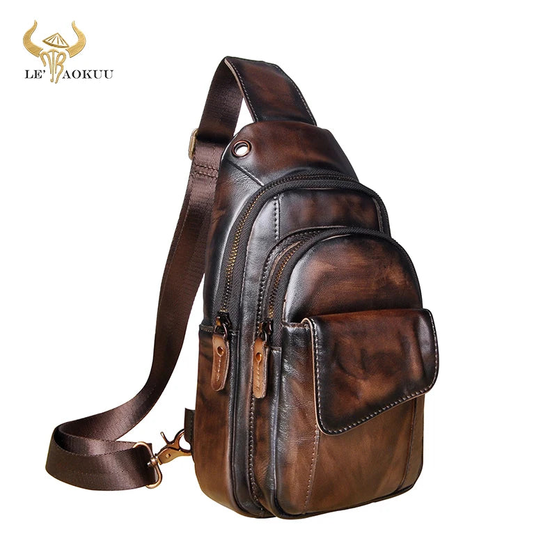 Men Quality Cow Leather Casual Fashion Triangle Crossbody Chest Sling Bag Design Travel One Shoulder Bag Daypack Male 8013