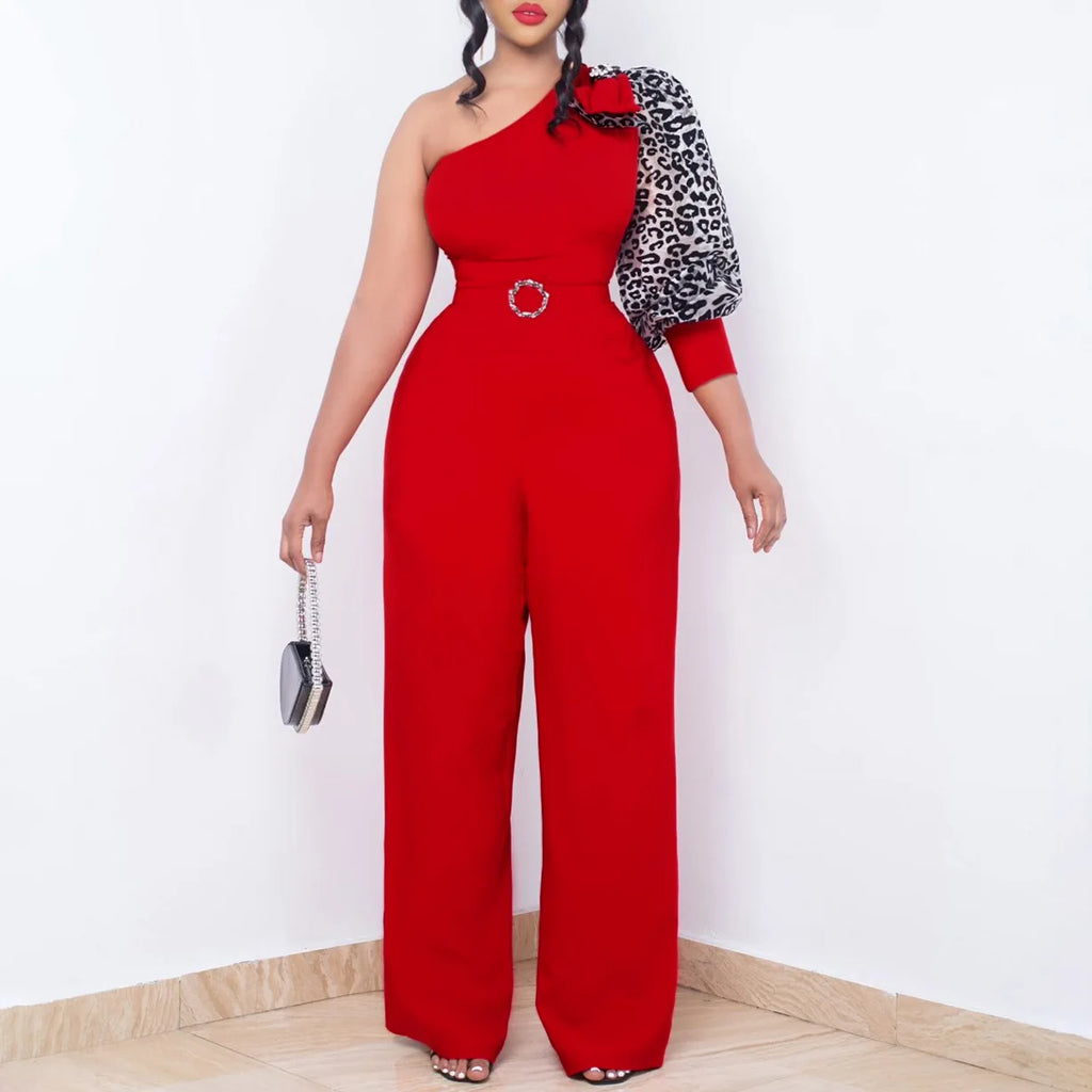 3xl  2xl Latest Design Jumpsuit Women Diagonal Shoulder Single Sleeve Sexy High Waist Wide Leg Jumpsuit for Women With Belt