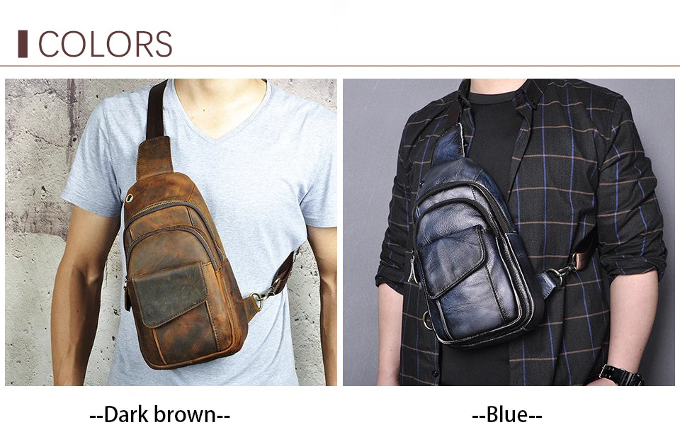 Men Quality Cow Leather Casual Fashion Triangle Crossbody Chest Sling Bag Design Travel One Shoulder Bag Daypack Male 8013