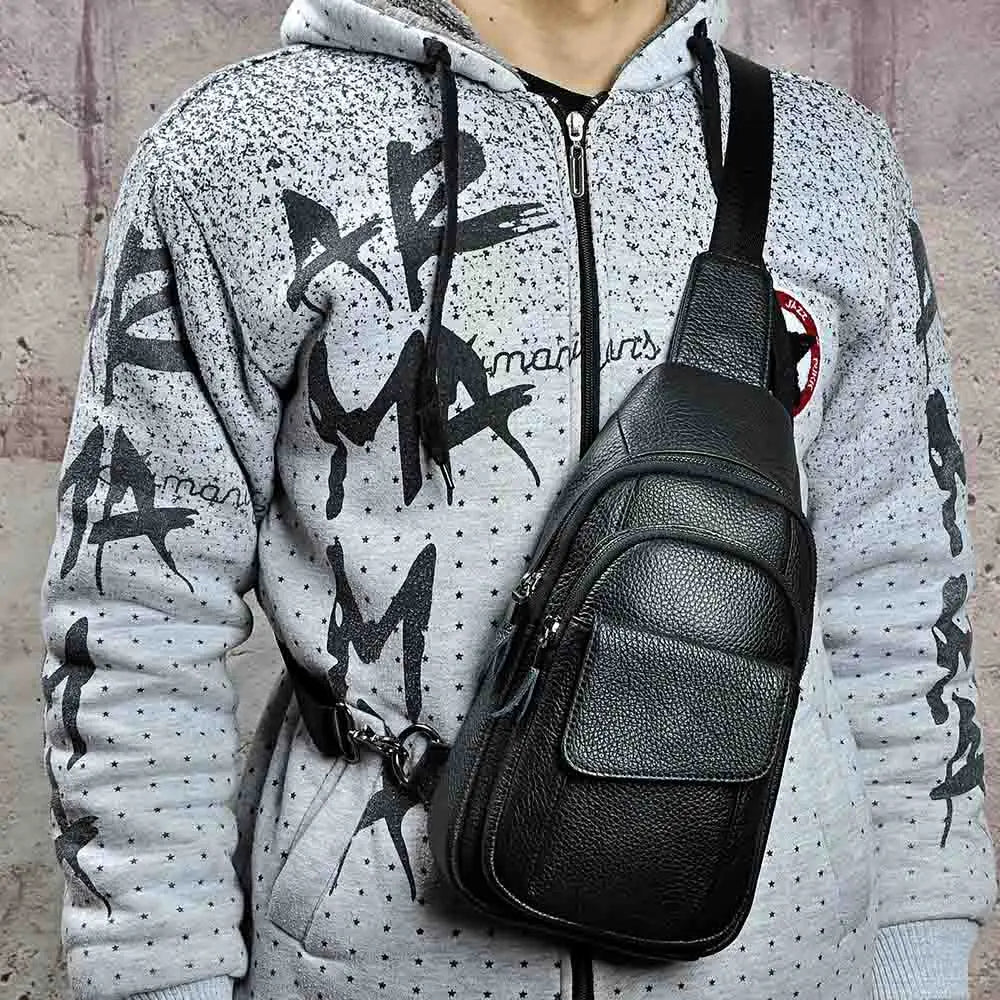 Men Quality Cow Leather Casual Fashion Triangle Crossbody Chest Sling Bag Design Travel One Shoulder Bag Daypack Male 8013