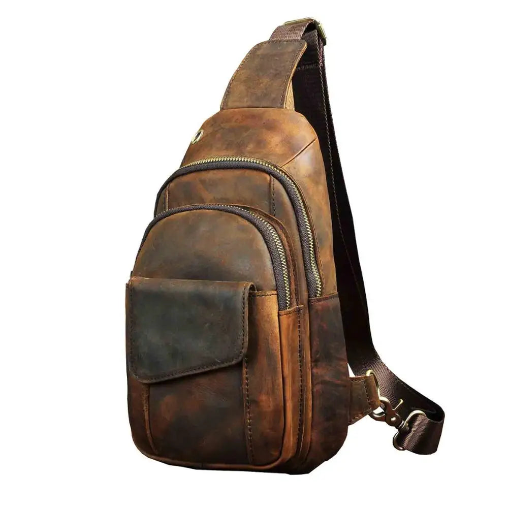 Men Quality Cow Leather Casual Fashion Triangle Crossbody Chest Sling Bag Design Travel One Shoulder Bag Daypack Male 8013