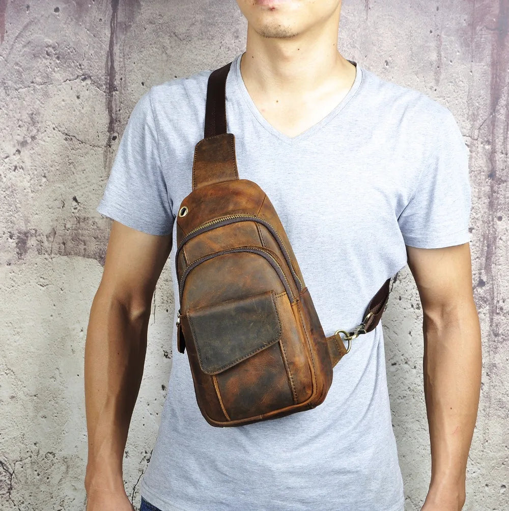 Men Quality Cow Leather Casual Fashion Triangle Crossbody Chest Sling Bag Design Travel One Shoulder Bag Daypack Male 8013