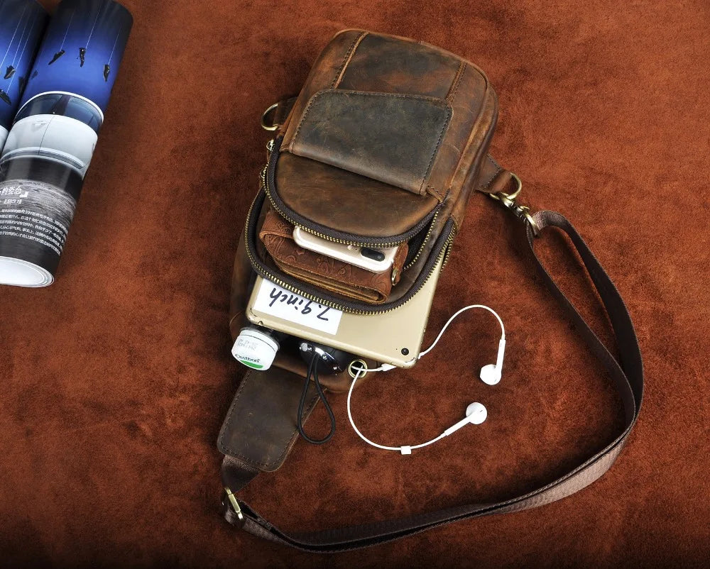 Men Quality Cow Leather Casual Fashion Triangle Crossbody Chest Sling Bag Design Travel One Shoulder Bag Daypack Male 8013